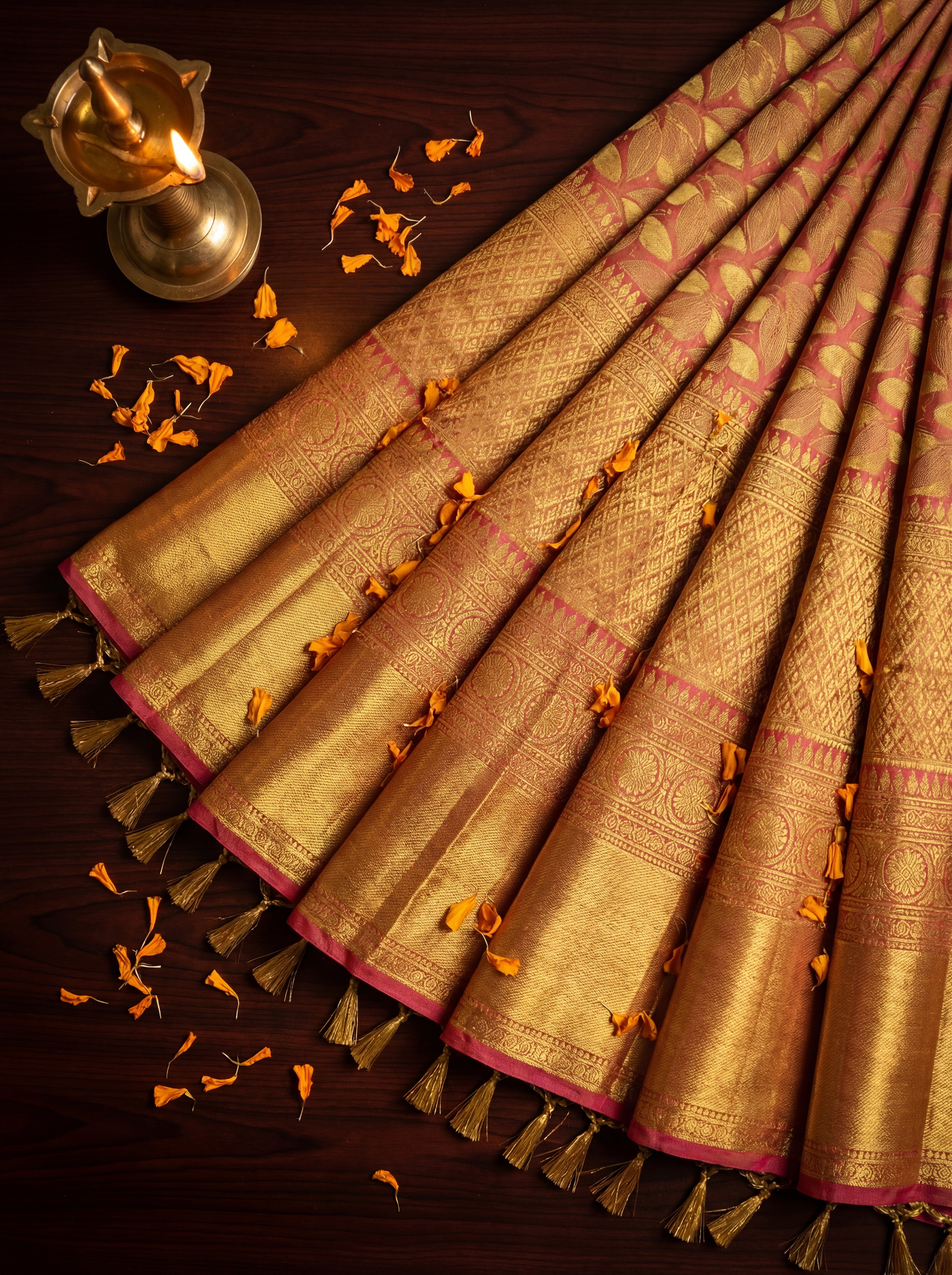 Gold Tissue Silk Saree with All-Over Leaf Motifs & Contrast Pink Border – Rich Traditional Festive Weave