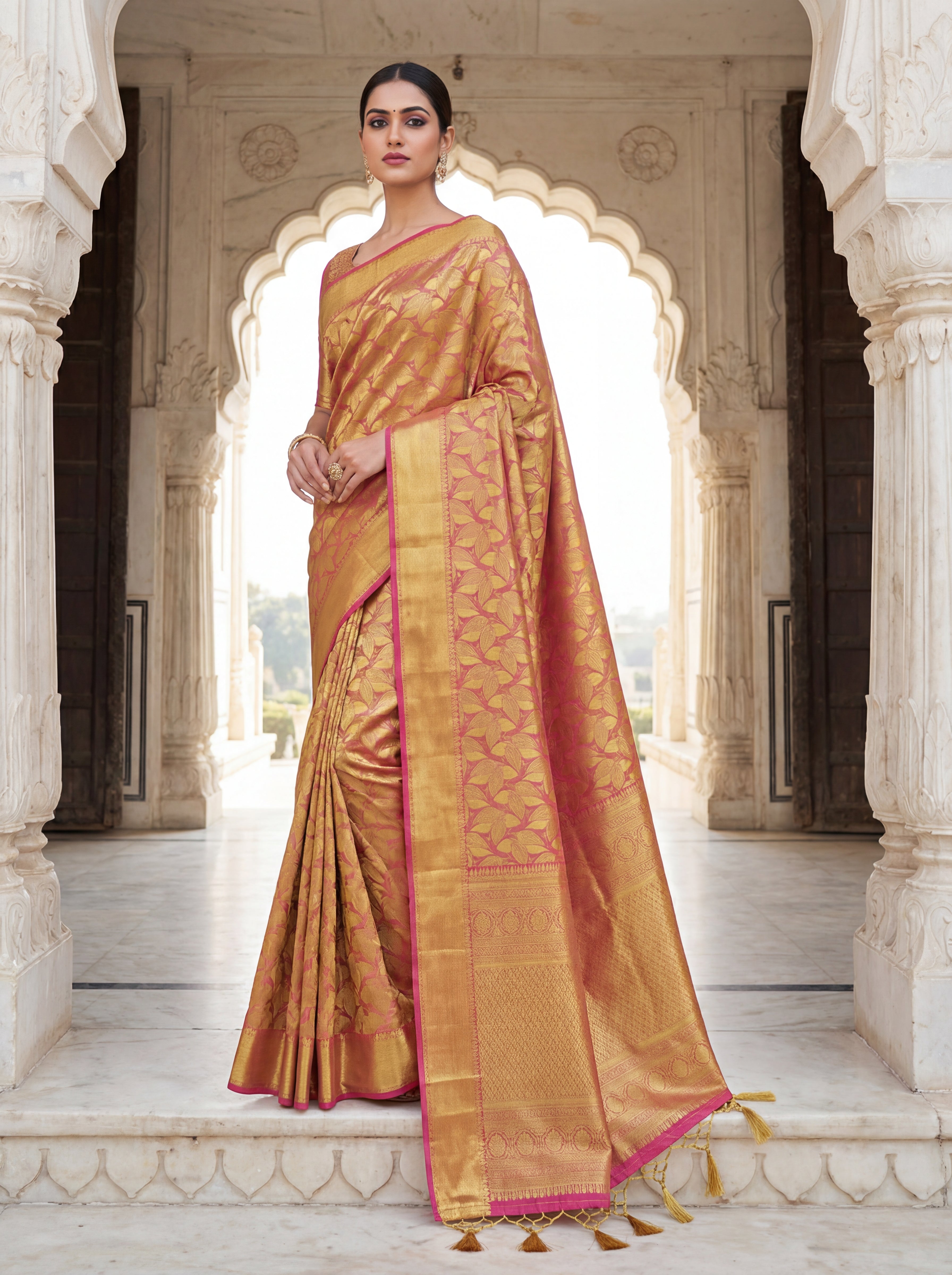 Gold Tissue Silk Saree with All-Over Leaf Motifs & Contrast Pink Border – Rich Traditional Festive Weave