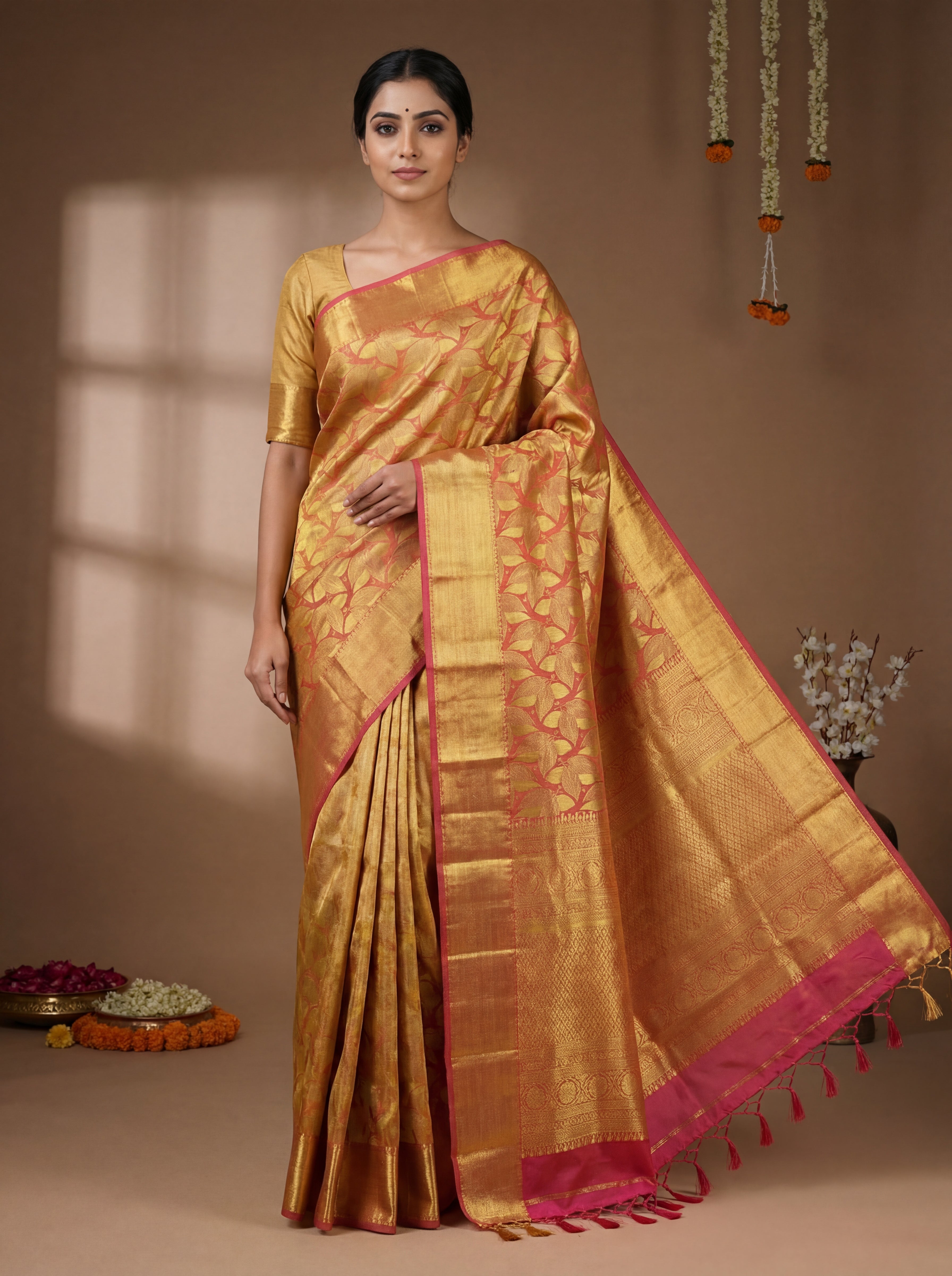 Gold Tissue Silk Saree with All-Over Leaf Motifs & Contrast Pink Border – Rich Traditional Festive Weave