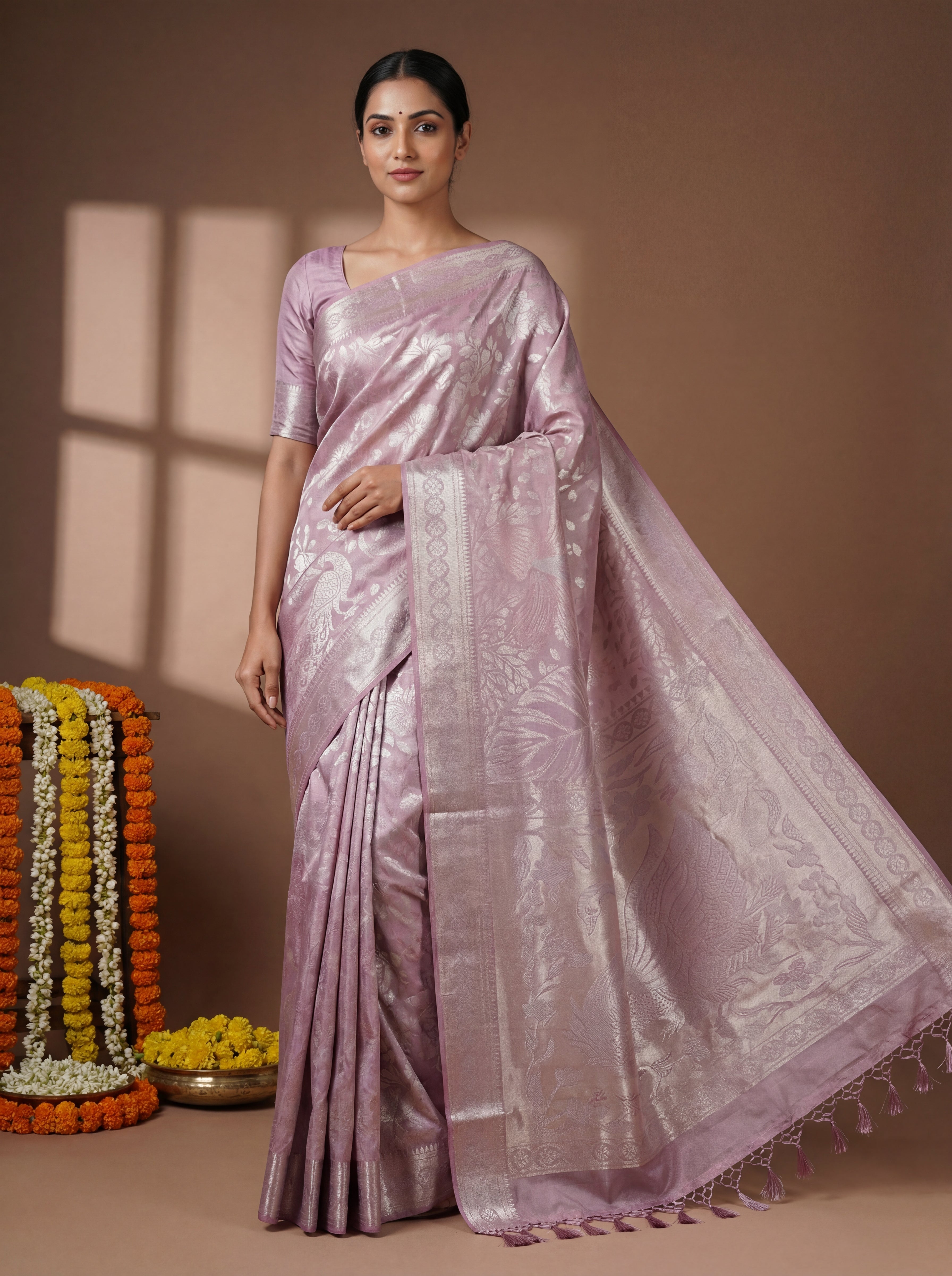Elegant Rose Gold Tissue Silk Saree with Woven Peacock & Floral Motifs – Soft Sheer Luxury Weave