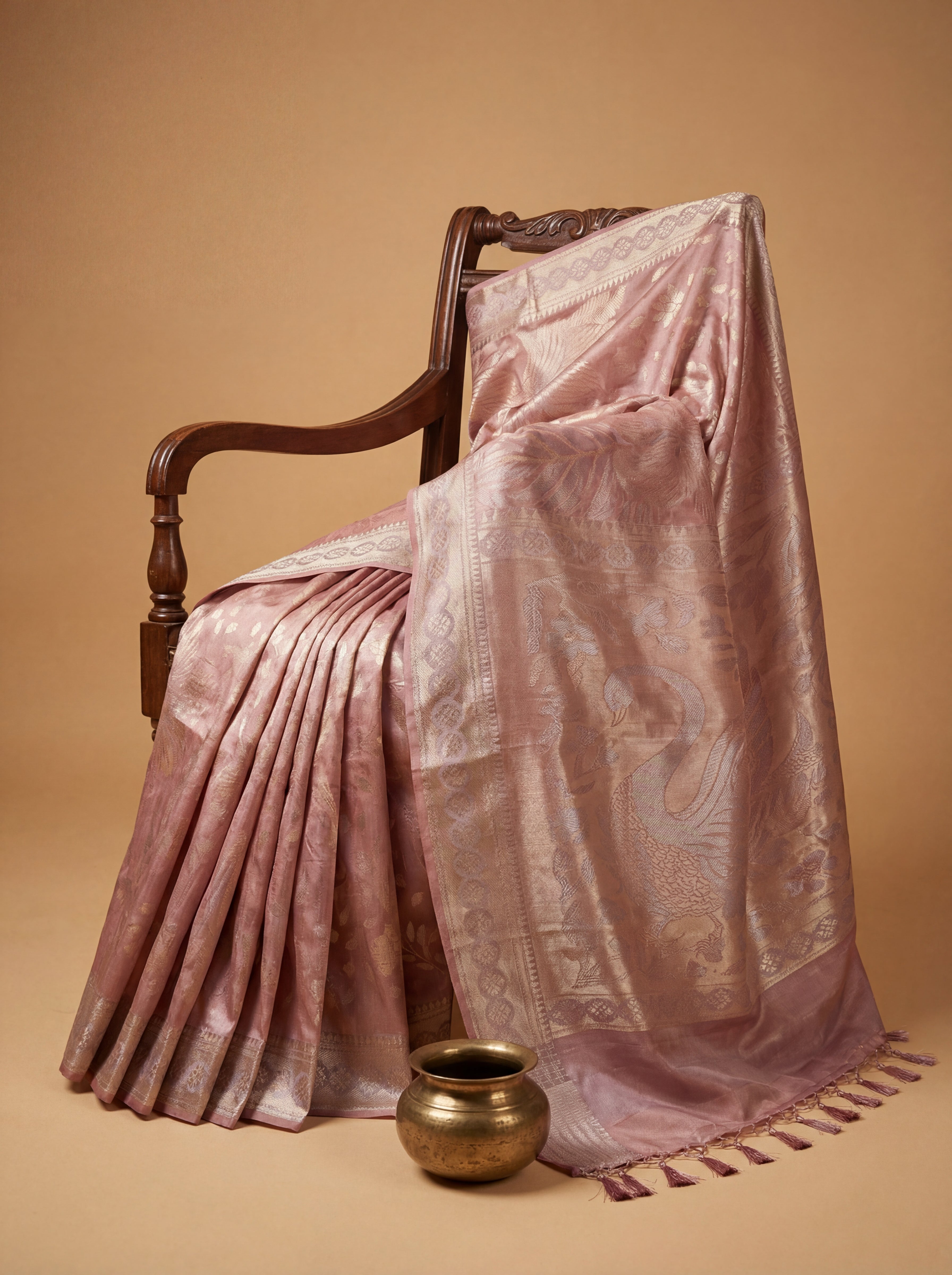 Elegant Rose Gold Tissue Silk Saree with Woven Peacock & Floral Motifs – Soft Sheer Luxury Weave