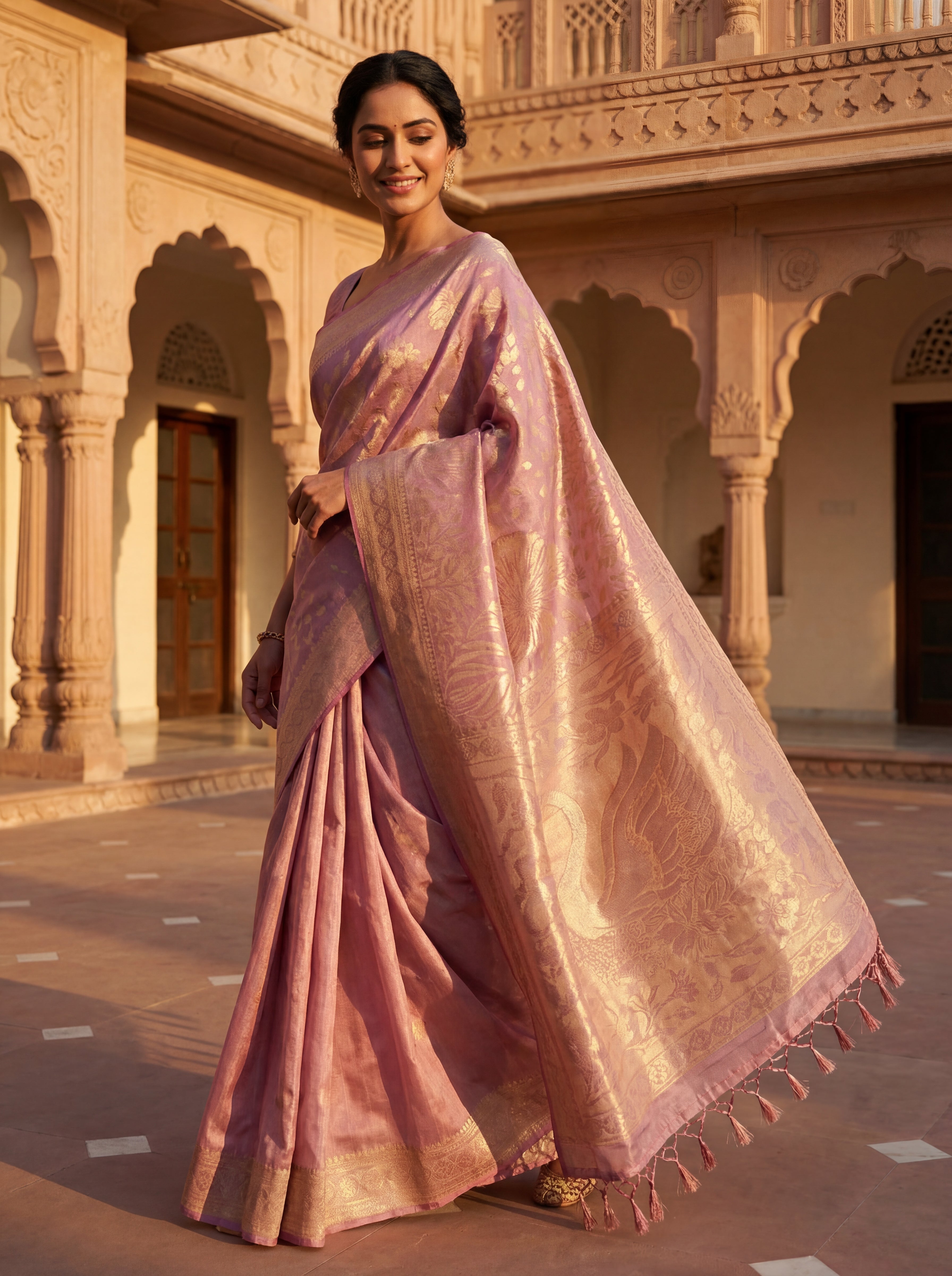 Elegant Rose Gold Tissue Silk Saree with Woven Peacock & Floral Motifs – Soft Sheer Luxury Weave