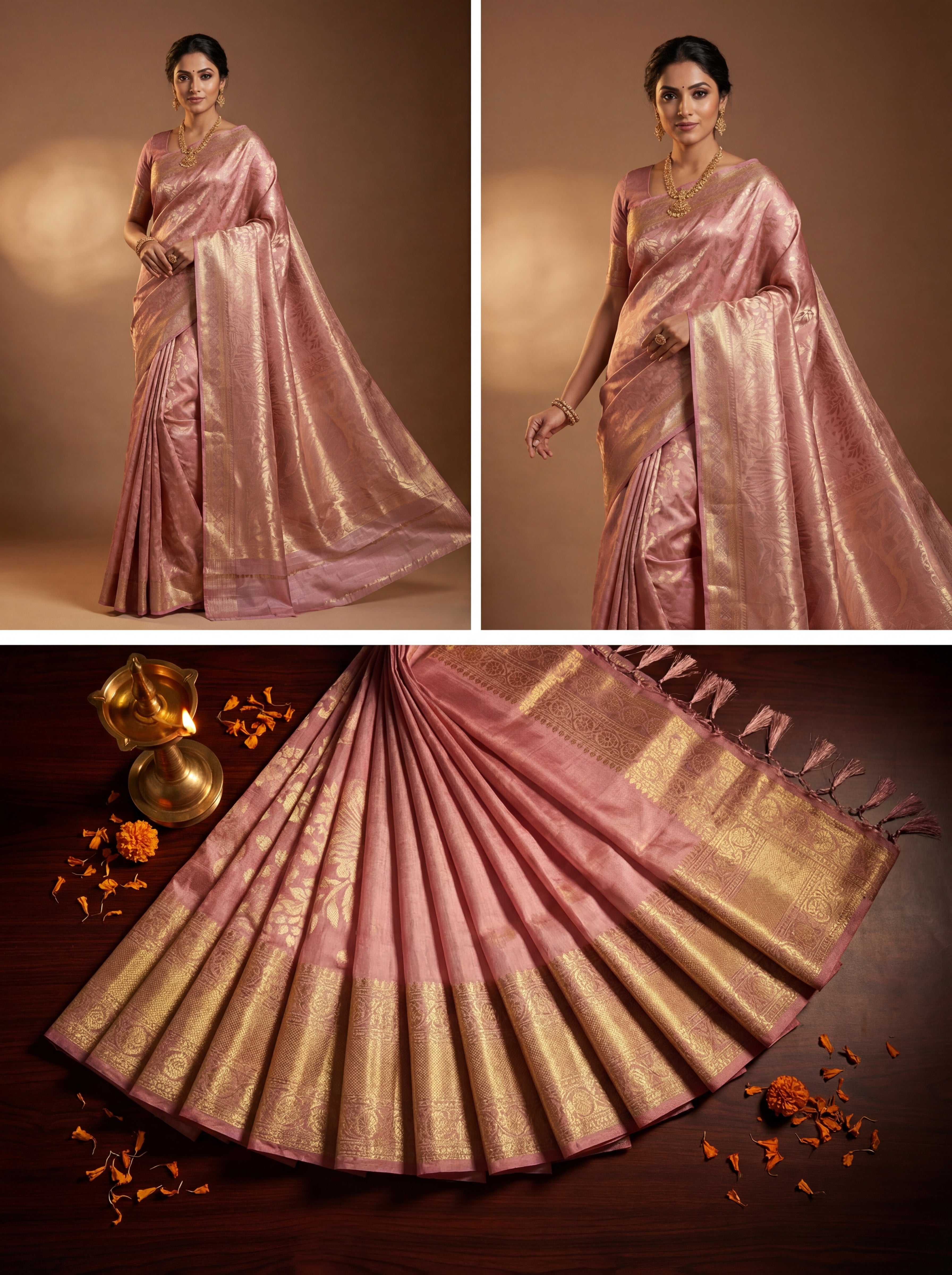 Elegant Rose Gold Tissue Silk Saree with Woven Peacock & Floral Motifs – Soft Sheer Luxury Weave
