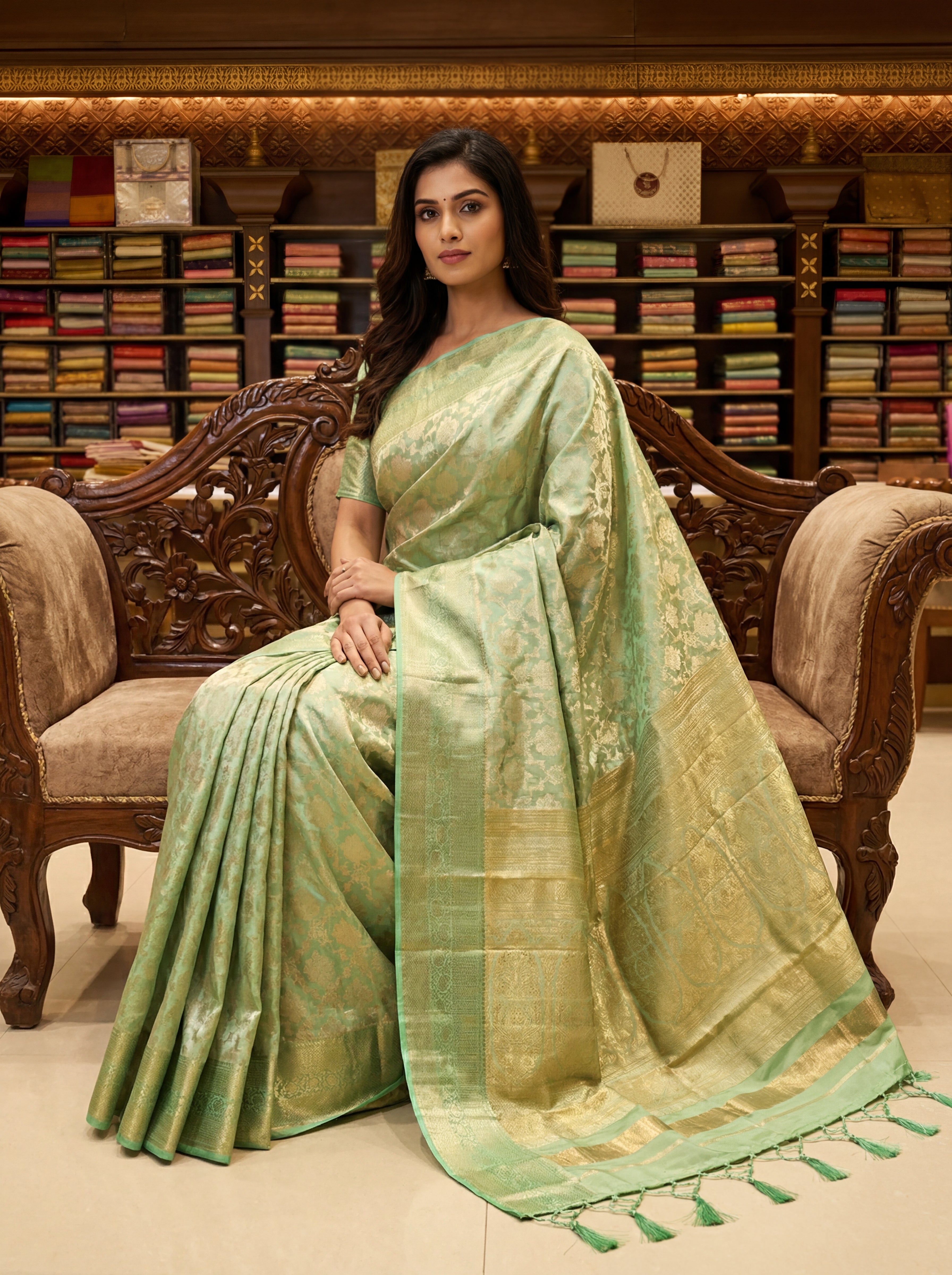 Pastel Pistachio Green Tissue Silk Saree with Floral Self-Weave & Contrast Mint Border – Elegant Festive Drape