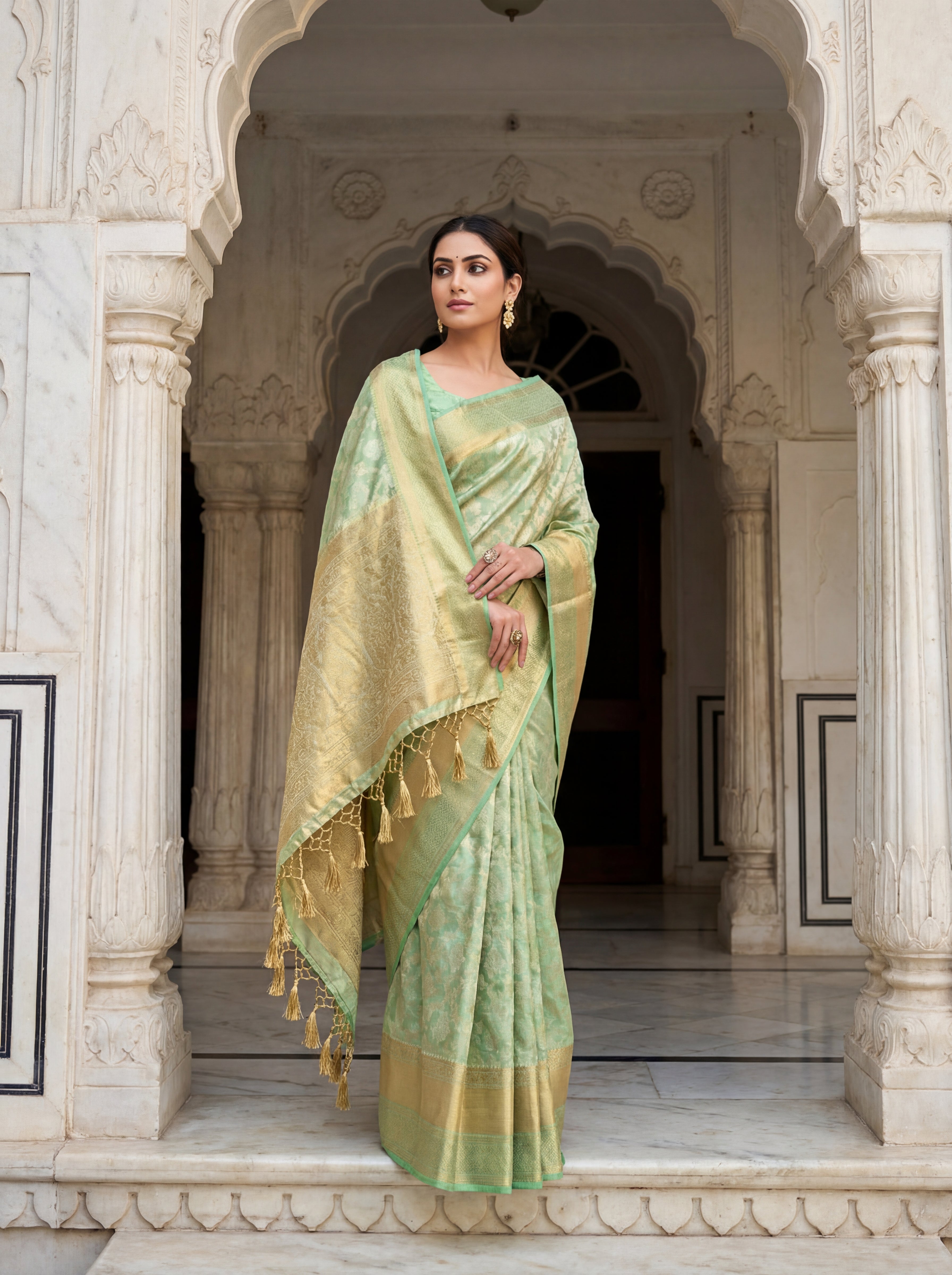 Pastel Pistachio Green Tissue Silk Saree with Floral Self-Weave & Contrast Mint Border – Elegant Festive Drape
