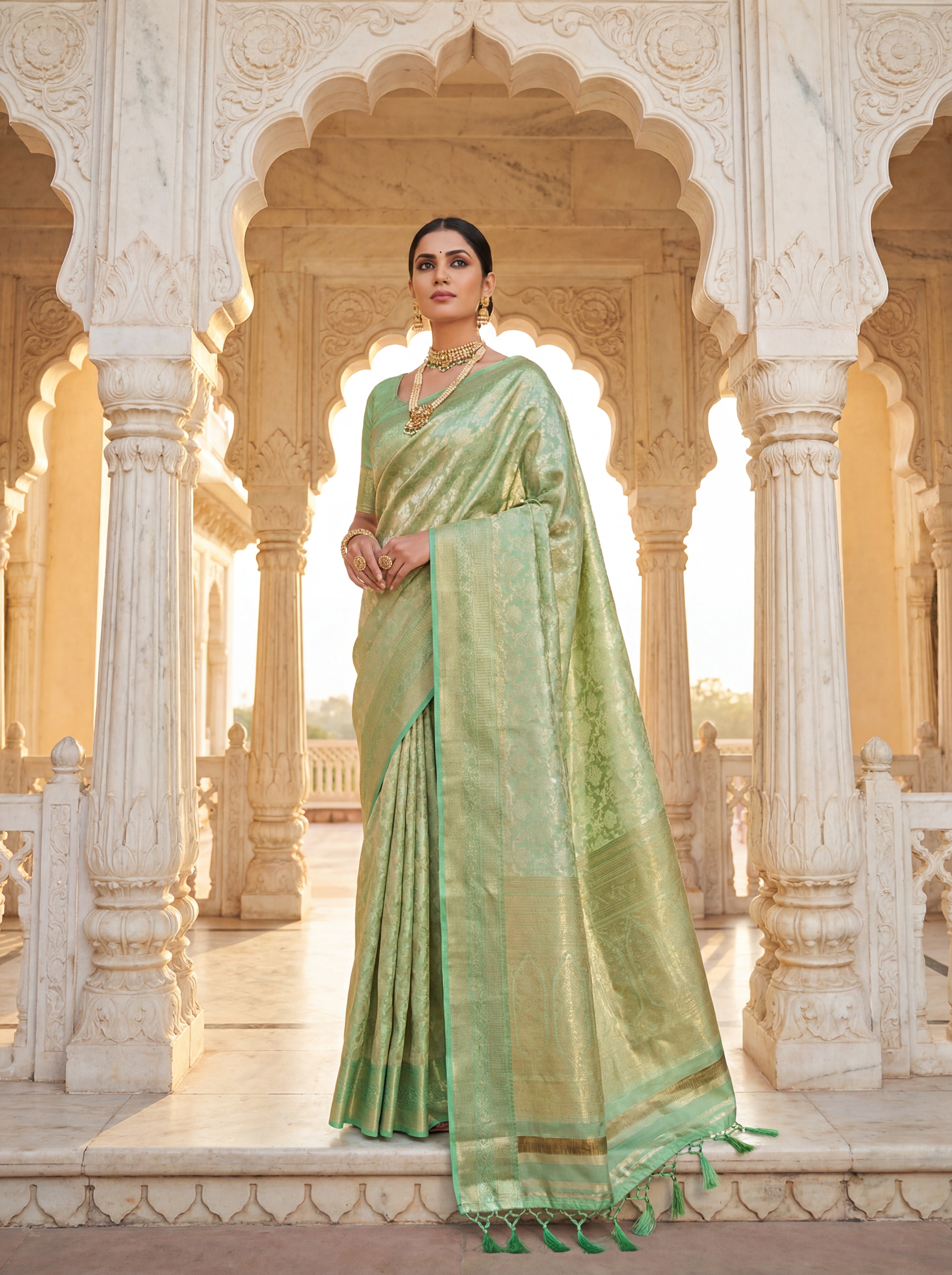 Pastel Pistachio Green Tissue Silk Saree with Floral Self-Weave & Contrast Mint Border – Elegant Festive Drape
