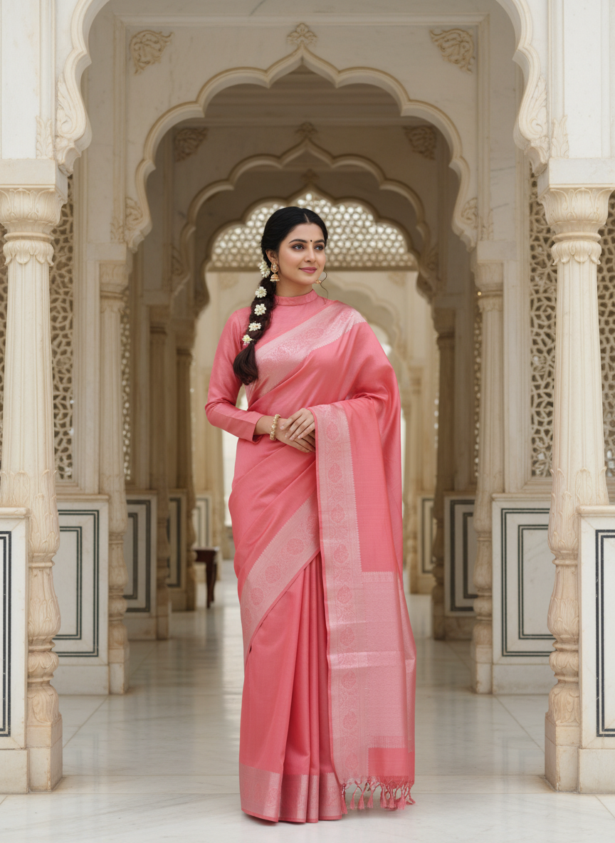 Elegant Coral Pink Kanchipuram Soft Silk Saree