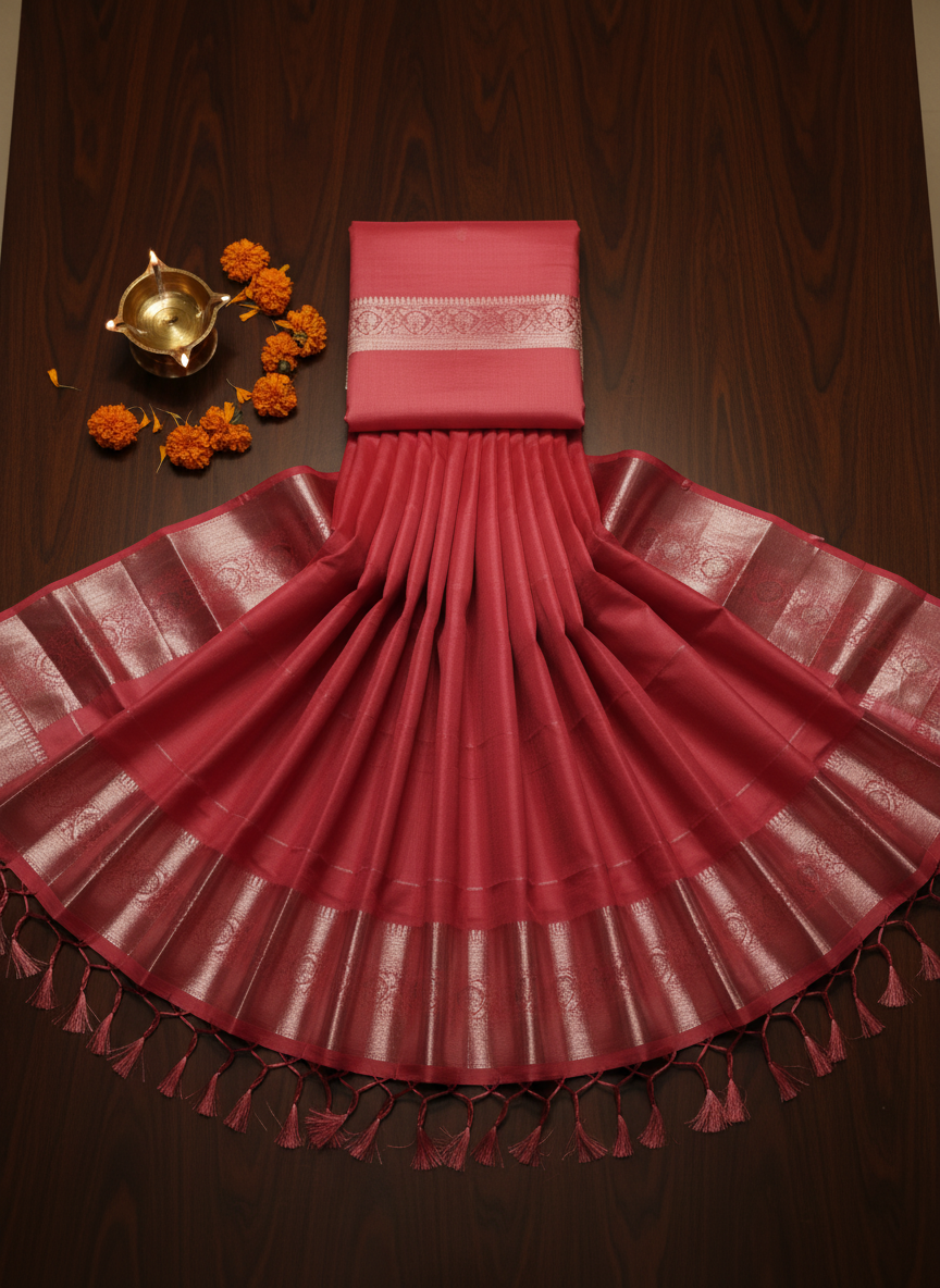 Elegant Coral Pink Kanchipuram Soft Silk Saree