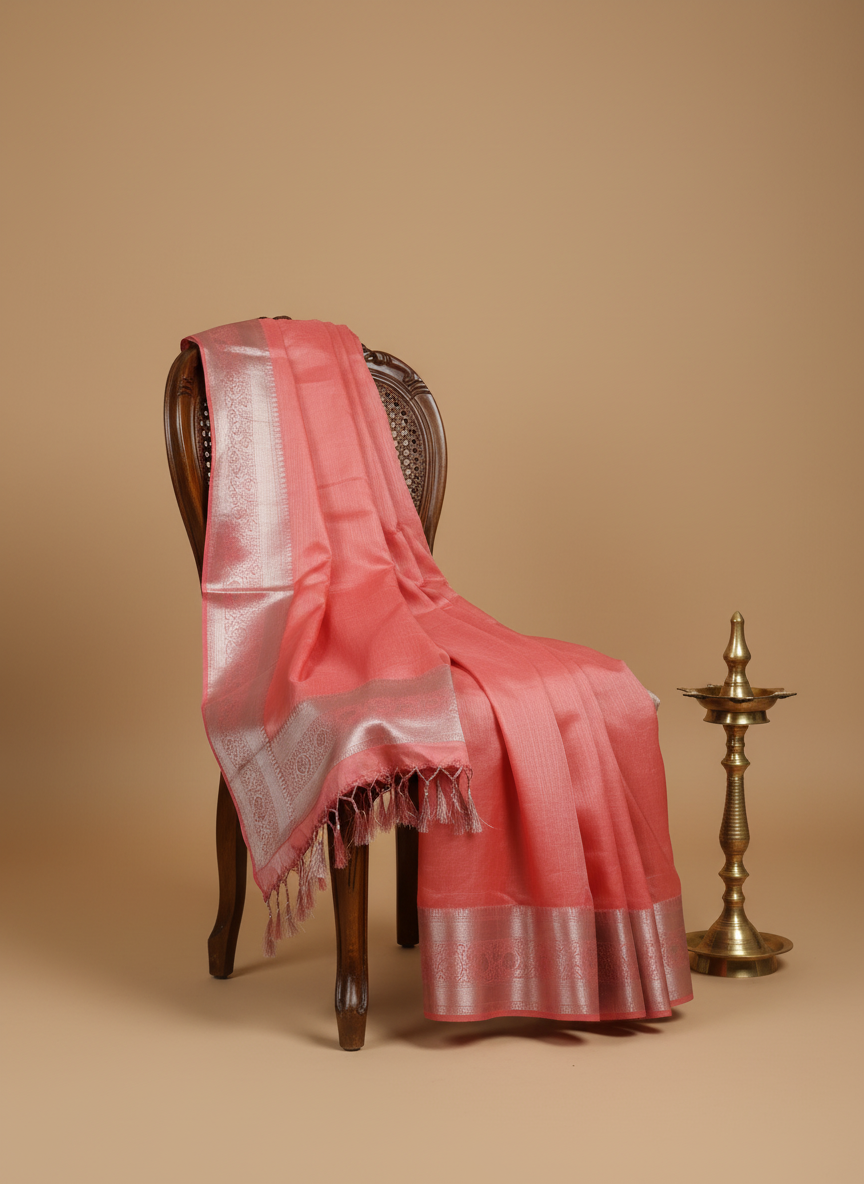 Elegant Coral Pink Kanchipuram Soft Silk Saree