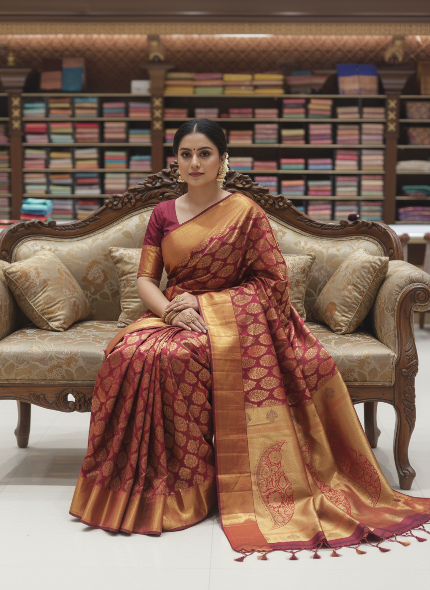 Royal Maroon Paisley Zari Kanchipuram Silk Saree