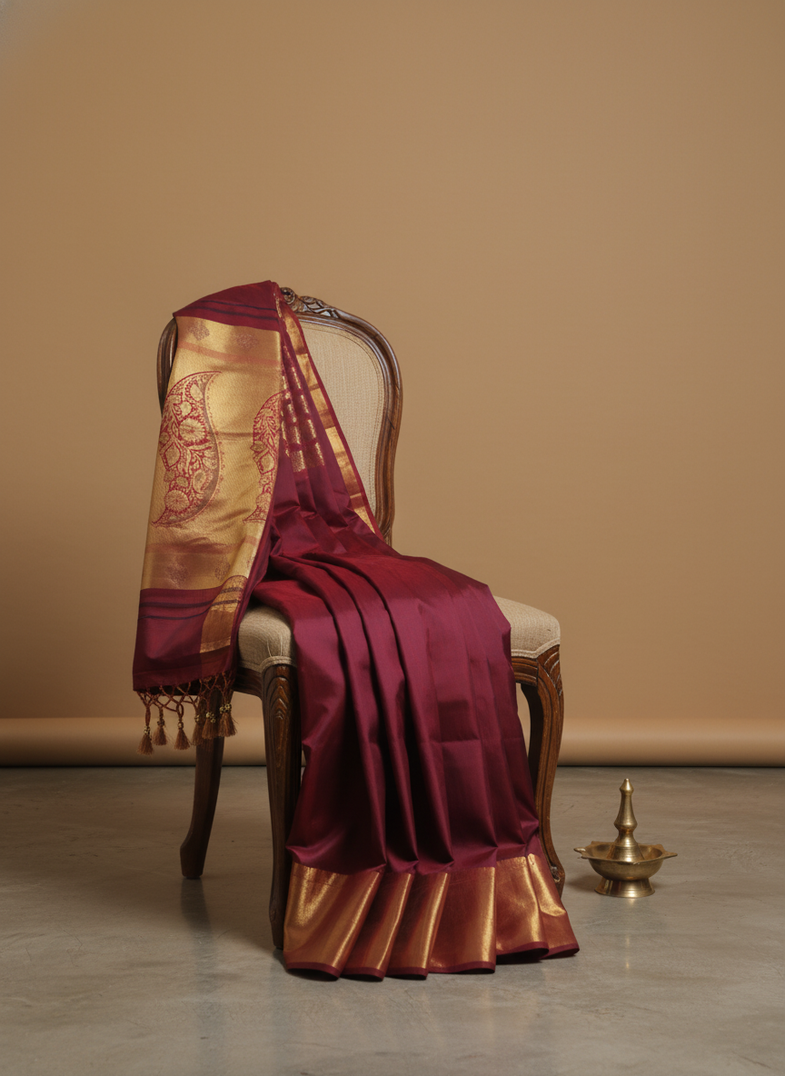 Royal Maroon Paisley Zari Kanchipuram Silk Saree
