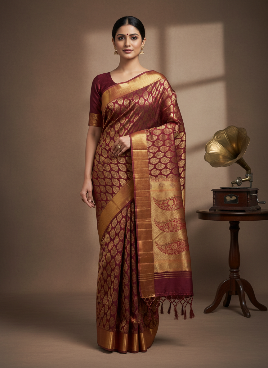 Royal Maroon Paisley Zari Kanchipuram Silk Saree