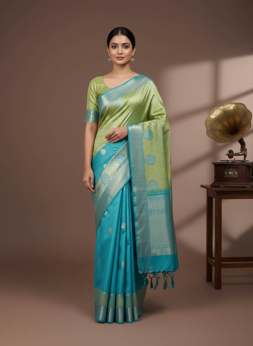 Fresh Lime Green & Aqua Blue Kanchipuram Silk Saree