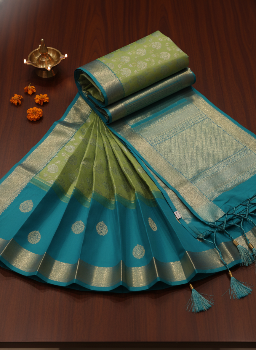 Fresh Lime Green & Aqua Blue Kanchipuram Silk Saree