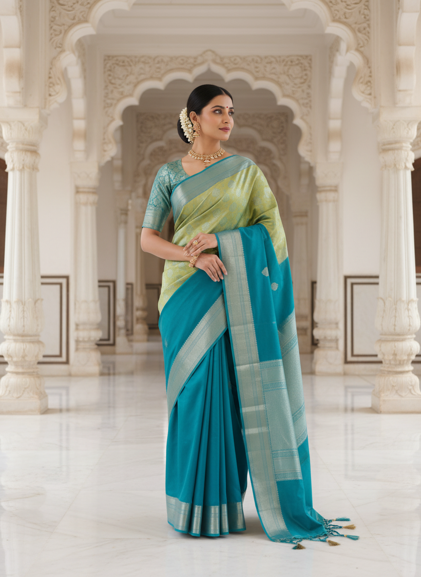 Fresh Lime Green & Aqua Blue Kanchipuram Silk Saree