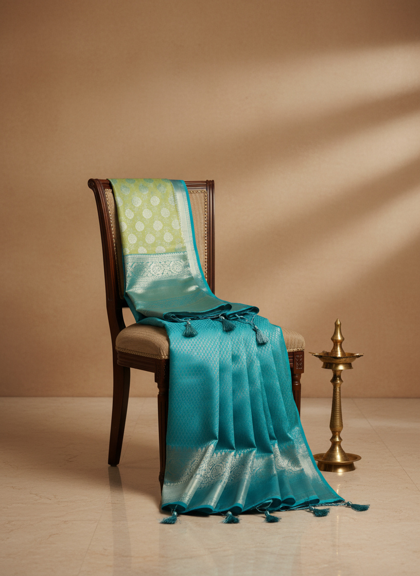 Fresh Lime Green & Aqua Blue Kanchipuram Silk Saree