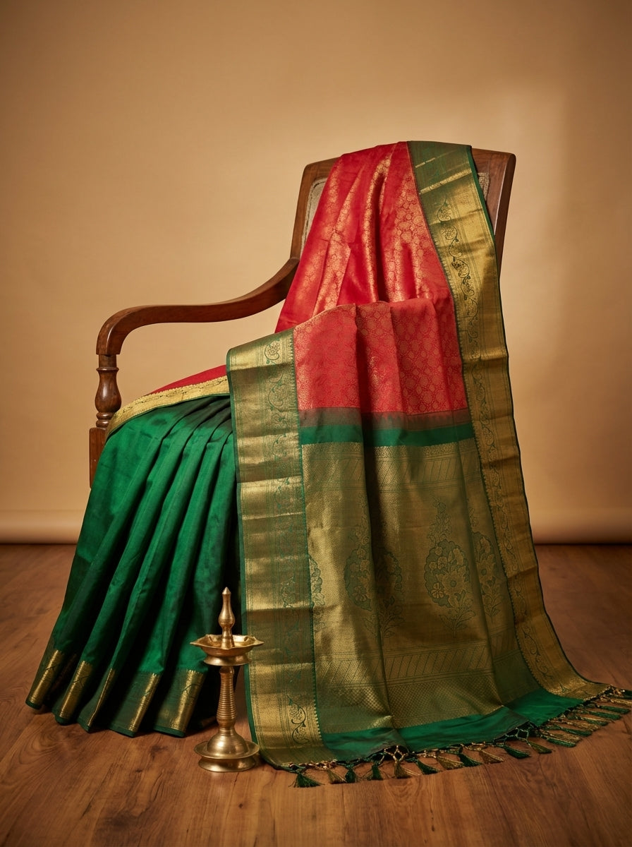 Elegant Traditional Silk Saree with Zari Border & Floral Motifs