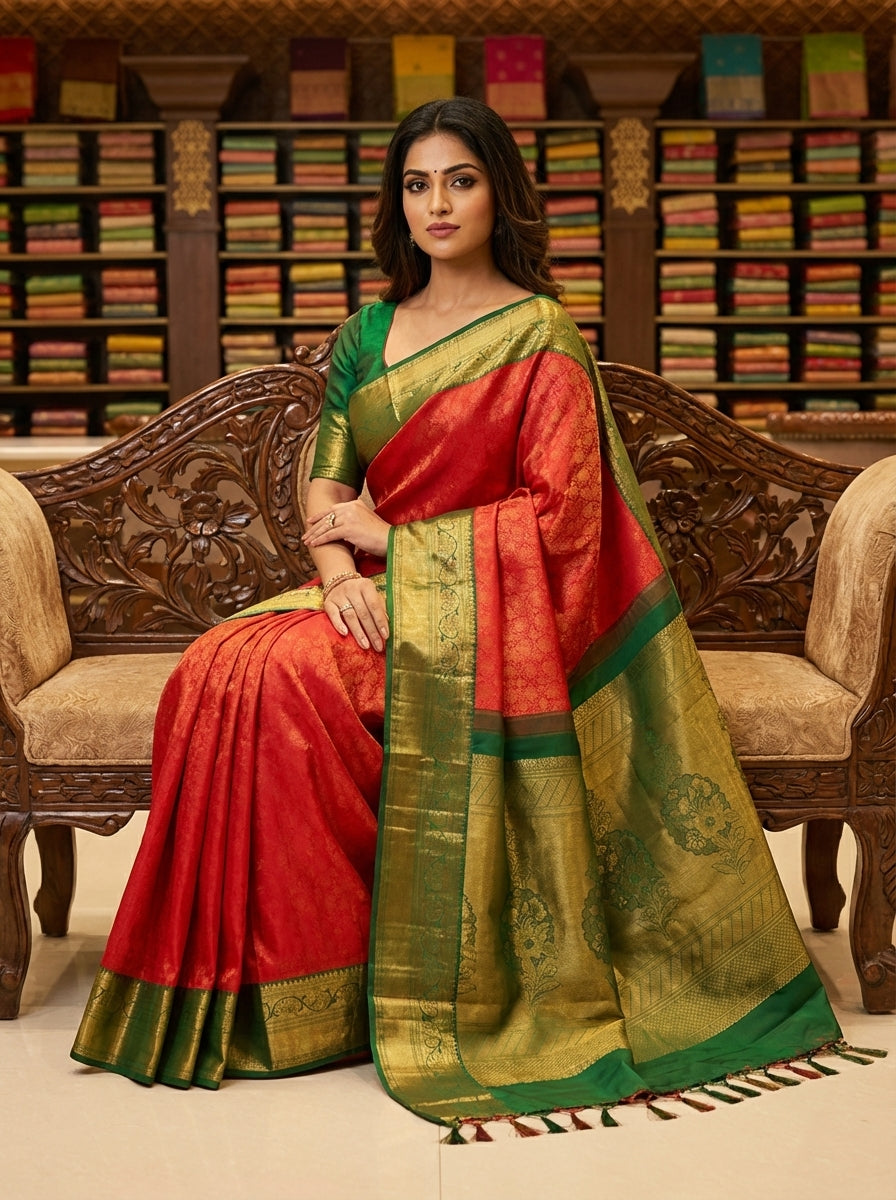 Elegant Traditional Silk Saree with Zari Border & Floral Motifs