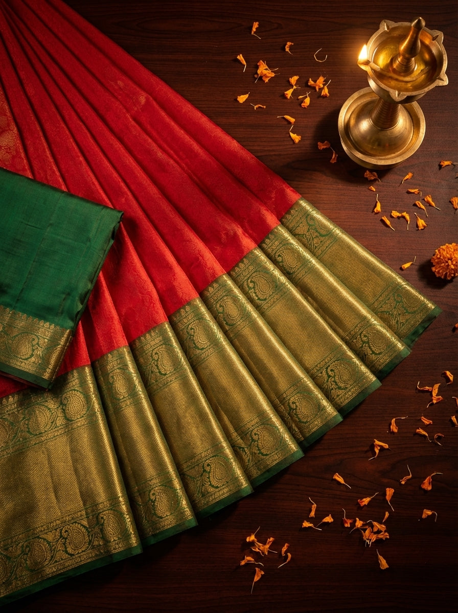 Elegant Traditional Silk Saree with Zari Border & Floral Motifs