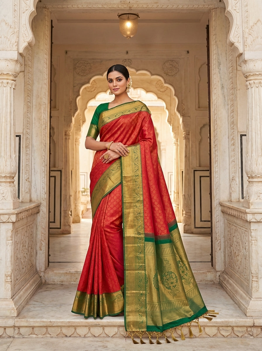 Elegant Traditional Silk Saree with Zari Border & Floral Motifs