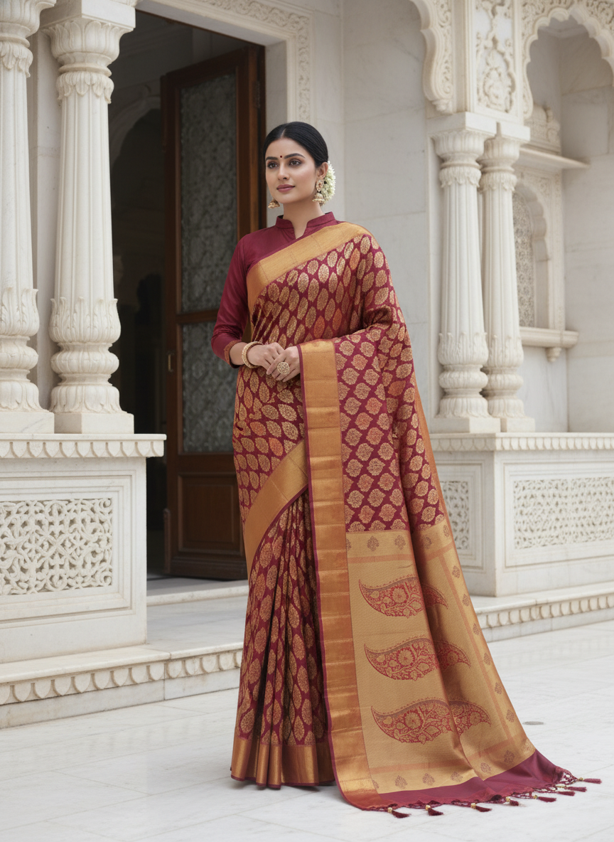 Royal Maroon Paisley Zari Kanchipuram Silk Saree